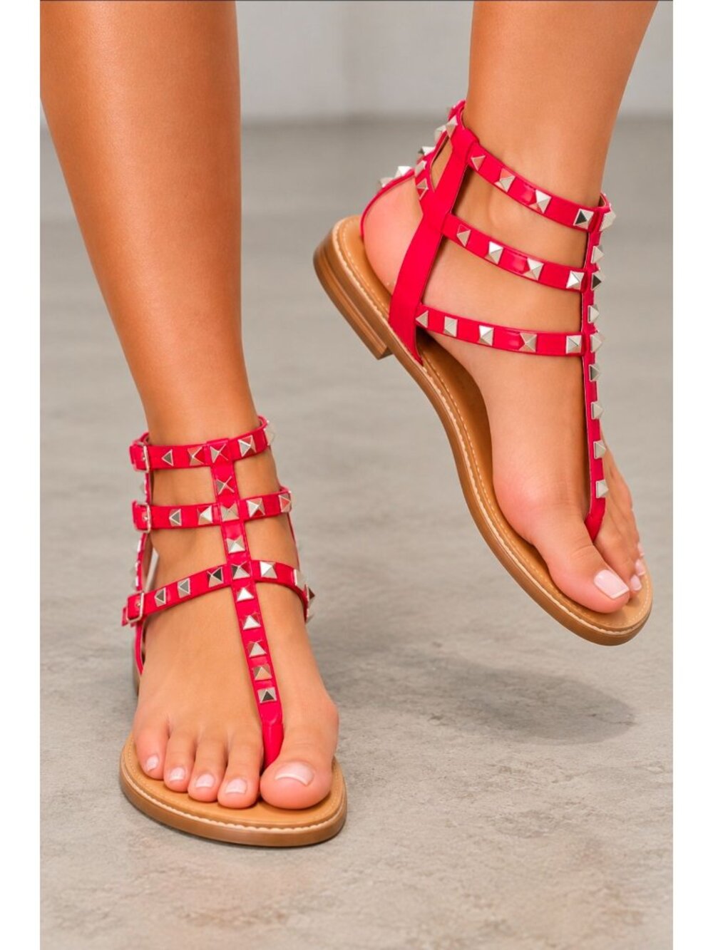 Studded Red Strappy Gladiator Sandals With Back Zipper Closure Open Toe Design F